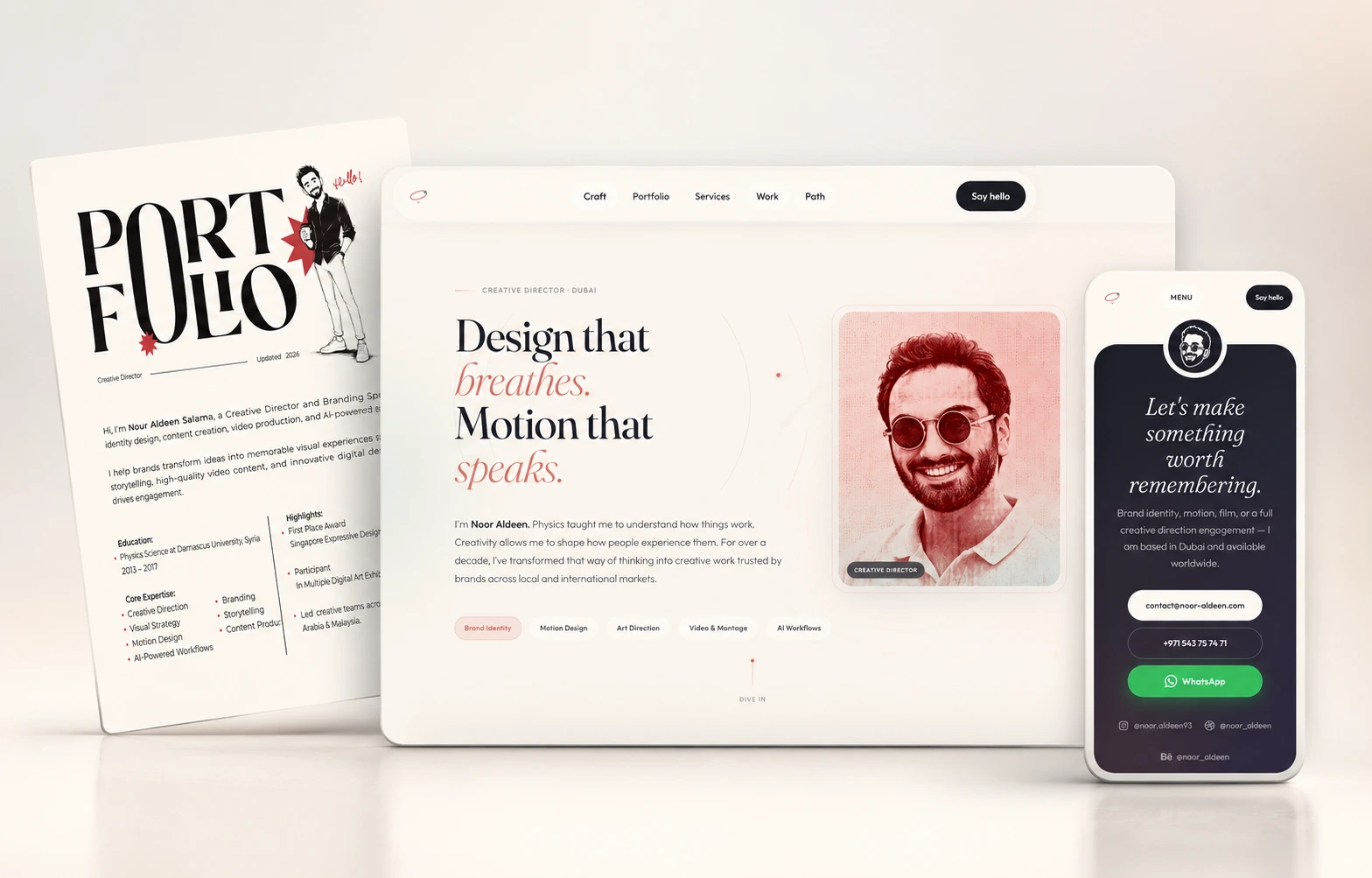 Noor Aldeen portfolio showcase with desktop website, mobile contact view, and printed CV layout